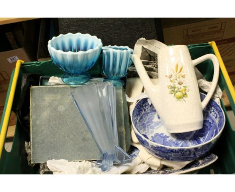 A quantity of glass and ceramics to include Spode Italian bowl, willow pattern meat plate, slag glass etc.