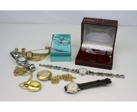 A selection of ladies watches to include a Rotary example together with a silver Tiffany &amp; Co Key Ring.