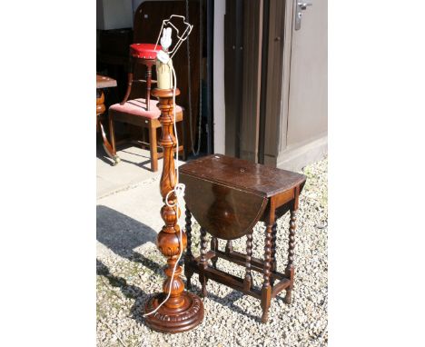 Wooden Standard Lamp together with a Small Oak Gate-leg Table with Barleytwist Supports, L.62cms