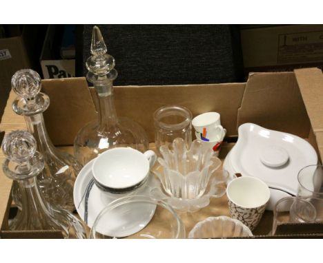 A quantity of glassware and ceramic to include cut glass decanters, Denby etc.
