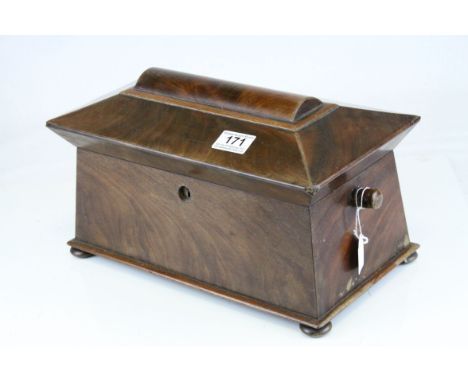 Regency Mahogany Sarcophagus Tea Caddy, the hinged top opening to reveal two lidded compartments and a space for a mixing bow
