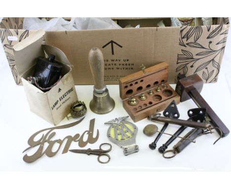 Mixed Lot including Hand Bell, Riley Caps, Vintage AA Badge, Spring Scales, Ford Car Badge, Lamp Base, Beer Stein, etc