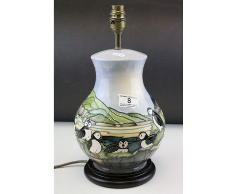 Moorcroft ' Puffin ' Baluster Table Lamp, height to top of ceramic body 27cms