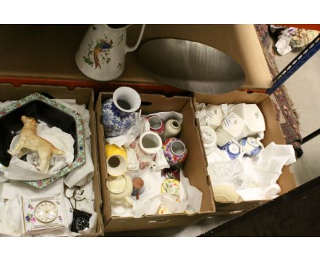 Three boxes of sundries to include Italian Copeland Spode, Continental preserve canisters, teapots, clocks etc.