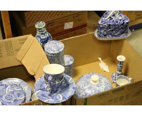 A large quantity of blue and white  china to include Blakeney Cheese dome, lidded pots, sunflower pattern Spode plates etc.