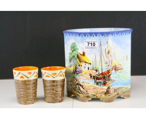 Falconware Jardiniere depicting Coastal Scene and Two Myott Hand Painted Beakers