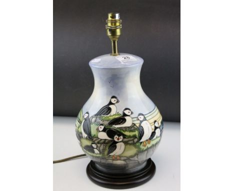 Moorcroft ' Puffin ' Baluster Table Lamp, height to top of ceramic body 28cms