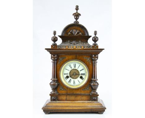Late Victorian Eight Day Oak Cased Mantle Clock, the white enamel dial with Roman Numerals, 46cms high