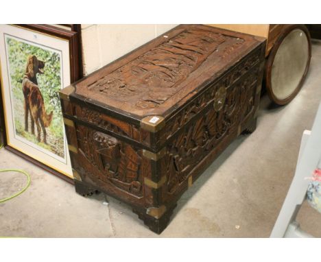 Asian Carved Camphorwood Trunk with Brass Mounts, L.104cms h.59cms