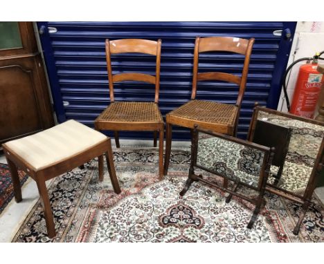 A pair of bar back dinning chairs with caned seats, a stool, two dressing mirrors, a collection of flat irons, blow lamp and 