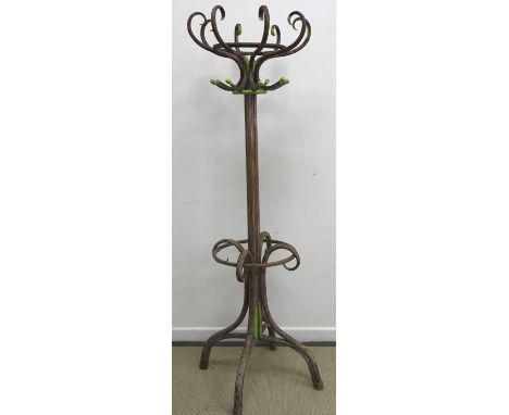 An early 20th Century bentwood hat, coat and stick stand in the manner of Thonet (later painted and part stripped) 192.5 cm h