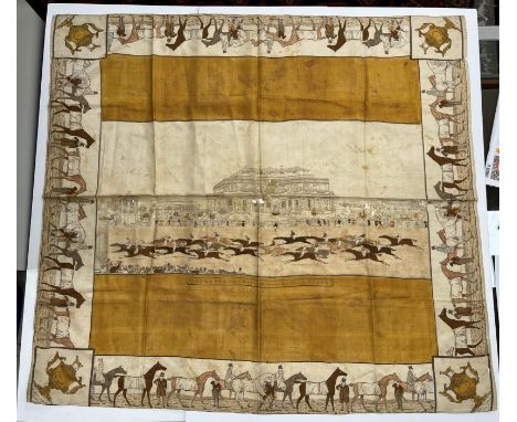A 19th Century silk scarf depicting Doncaster Race for The Great St. Ledger Stakes, 87 cm x 80 cm, together with a vintage Ea