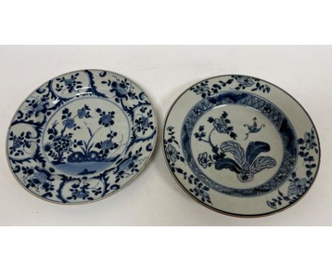 A Chinese blue and white floral decorated shallow bowl 22.5 cm diameter, a similar plate and a pair of Sampson of Paris scale