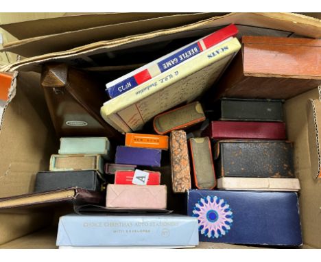 Two boxes containing various vintage toys and games including playing cards, Parker Brothers "Pop-In-Taw", "Monopoly", Cunard