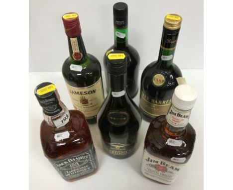 One bottle (1.136 L) Jack Daniels Old No. 7 Tennesse Whiskey, one bottle (1 L) Jim Beam Bourbon Whiskey, one bottle Jameson I