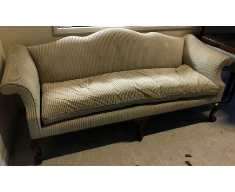 A modern George III style scroll arm sofa with hump back on shell carved cabriole legs to claw and ball feet, bears Arthur Br