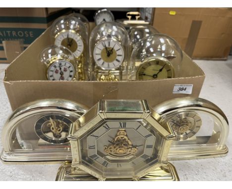 Two boxes of various clocks including five various dome top clocks, eighteen various mantle clocks and a box of various clock