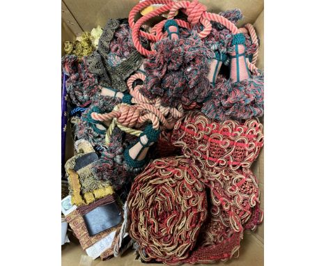 A box of various vintage and other tassle tie-backs and braid, etc