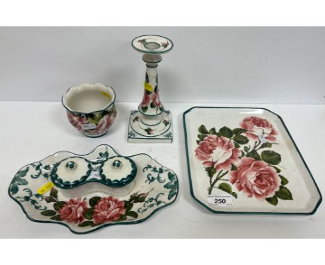 A Wemyss pottery cabbage rose pattern desk stand with two central inkwells 25.5 cm wide, a Wemyss cabbage rose pattern rectan