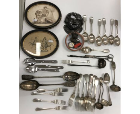 A collection of plated wares to include a set of six coffee bean spoons, plated serving spoons etc, a white metal punch ladle