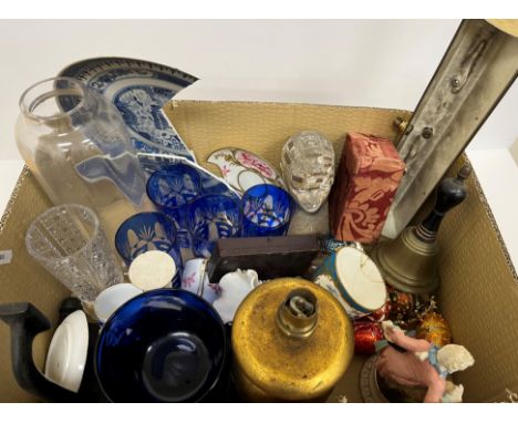 A box of sundry decorative items to include hobnail cut glass vase, a set of four blue over laid glass tumblers, Phrenology h