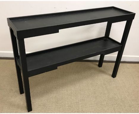 An Oka slate painted 'Kyoto' narrow console table of two tiers on square supports bearing label "Oka 000064" 115 cm wide x 29