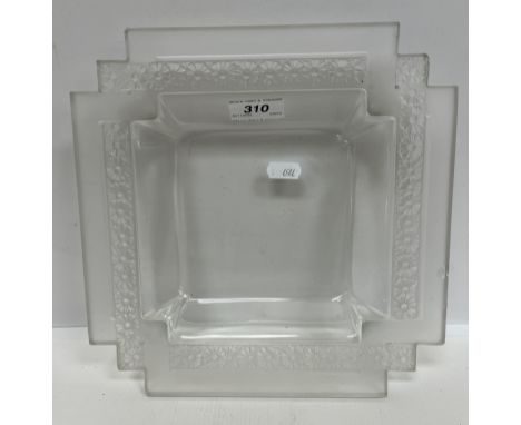 A Lalique "Paquerettes-2" moulded and frosted glass dish of square form with inset corners and moulded marguerite or daisy he