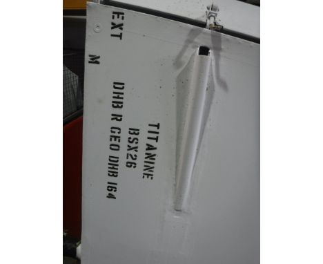 A De Havilland tail fin, white painted, approx 220 cm high, bearing label inscribed "Type No. DHB/R/GBO Serial No. DHB164" 