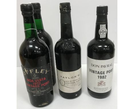 Two bottles Offley Boa Vista Vintage Port 1970, bottled 1972, one bottle Taylor's Quina de Vargellis Vintage Port 1982, bottl