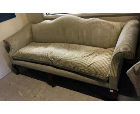 A modern George III style scroll arm sofa with hump back on shell carved cabriole legs to claw and ball feet, bears Arthur Br