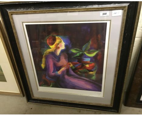 AFTER LINDA LE KINFF "Study of a woman holding fruit", coloured print, signed lower right, 47 cm x 44 cm, together with AFTER