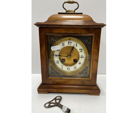 A circa 1900 walnut cased French mantle clock, the eight day movement by Jules Rolez Ltd of Paris with circular porcelain dia