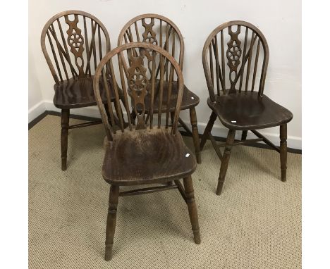 A set of four modern beech wheel and stick back kitchen chairs, another similar wheel and stick back chair and two 19th Centu