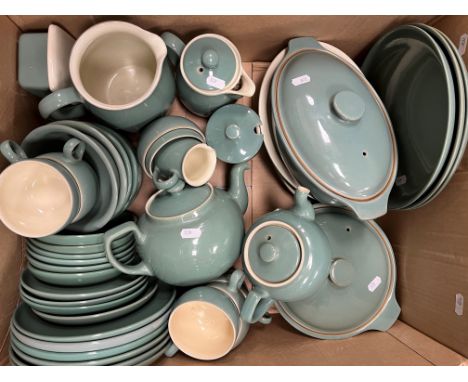 A collection of various Denby twin tone green glazed dinner wares and a box of various china wares to include Osborne China "