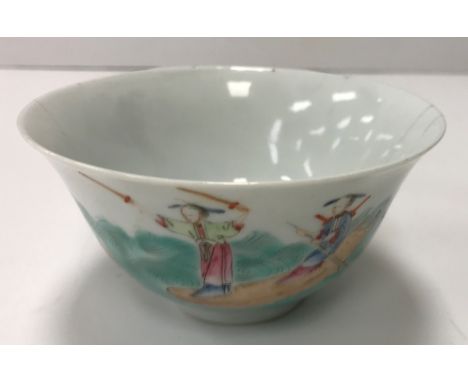 A 19th Century Chinese inverted bell shaped bowl, polychrome decorated with scenes of figures and marine life in battle, bear