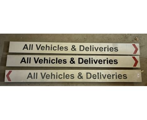 Three enamel signs with directional arrows "All Vehicles &amp; Deliveries" (x 3), 170 cm x 15 cm
