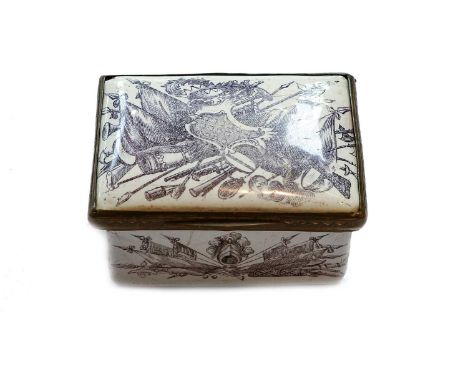 An 18th century Birmingham enamel snuff box, decorated with prints of military trophies on the lid, sides and base