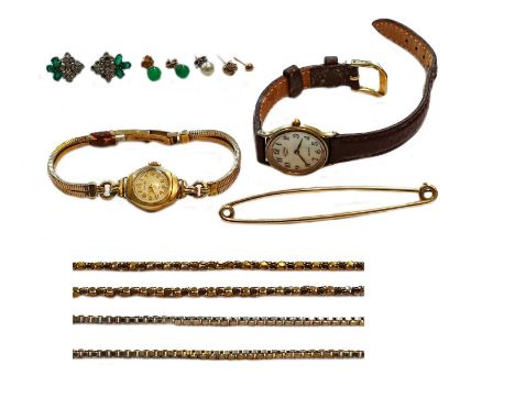 A 9 carat gold pin, length 7.6cm; a lady's 9 carat gold wristwatch; a lady's Rotary wristwatch; a silver chain; a plated chai