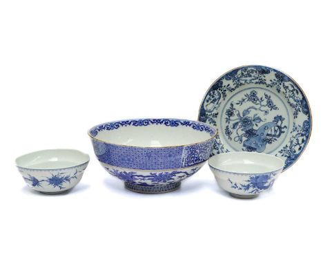 A Chinese Qianlong blue and white plate, a similar pair of Chinese blue and white bowls, a quantity of 19th century Cantonese