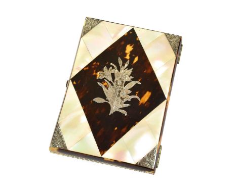 A Victorian Silver-Mounted Mother-of-Pearl and Tortoiseshell Card-Case, Last Quarter 20th Century, oblong, the base and cover