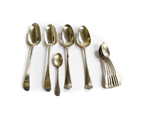 A collection of George III and later silver flatware, including two pairs of tablespoons, six Victorian Fiddle pattern teaspo