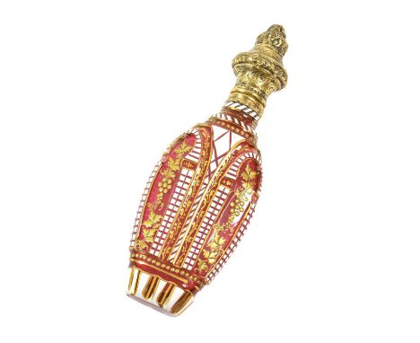 A Gilt-Metal Mounted Ruby Glass Scent-Bottle, the body tapering and flashed with white and with gilt decoration, with foliage