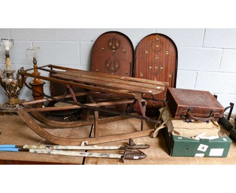 1827 Infantry swords, Rifle Brigade sword together with; two early 20th century sledges, small leather case, two bagatelle bo