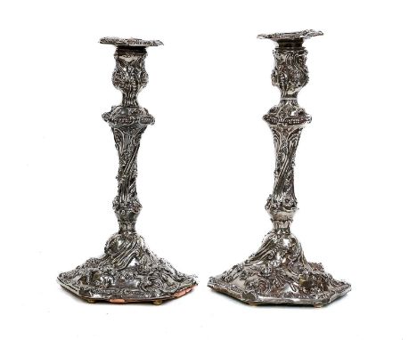 A Pair of George II Silver Candlesticks, by Walter Brind, London, Probably 1759, each on shaped circular base, with gadrooned