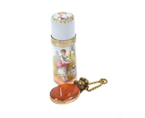 A French Silver-Gilt Mounted Enamel Scent-Bottle, With French Mark for Small Wares, Late 19th Century, cylindrical, the sides