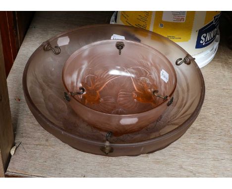 Two frosted peach glass hanging lamp shades decorated with birds and flowers (2)Both free from chips and cracks