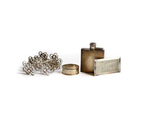 A Collection of Silver, comprising: a spirit-flask, oblong and engine-turned; a card case and a napkin-ring, 5oz, 155gr; Toge