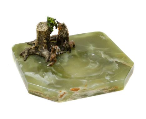 An early 20th century Austrian cold painted bronze group, fox and young with a woodcock by a tree stump, surmounted on a gree