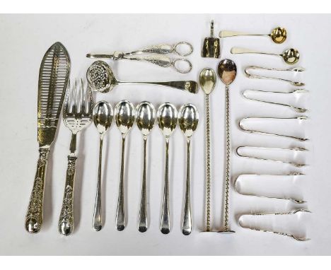 A Collection of George III and Later Silver Flatware, including: a pair of Elizabethan pattern fish-servers, the handled fill