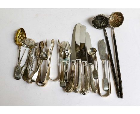 A Collection of Assorted Silver Flatware, including: a pair of toddy-ladles with twisted whalebone handes; six pairs of Fiddl